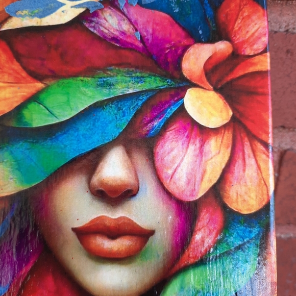 A colorful women in a field of flowers, wall hanging wood art mixmedia - Picture 3 of 9